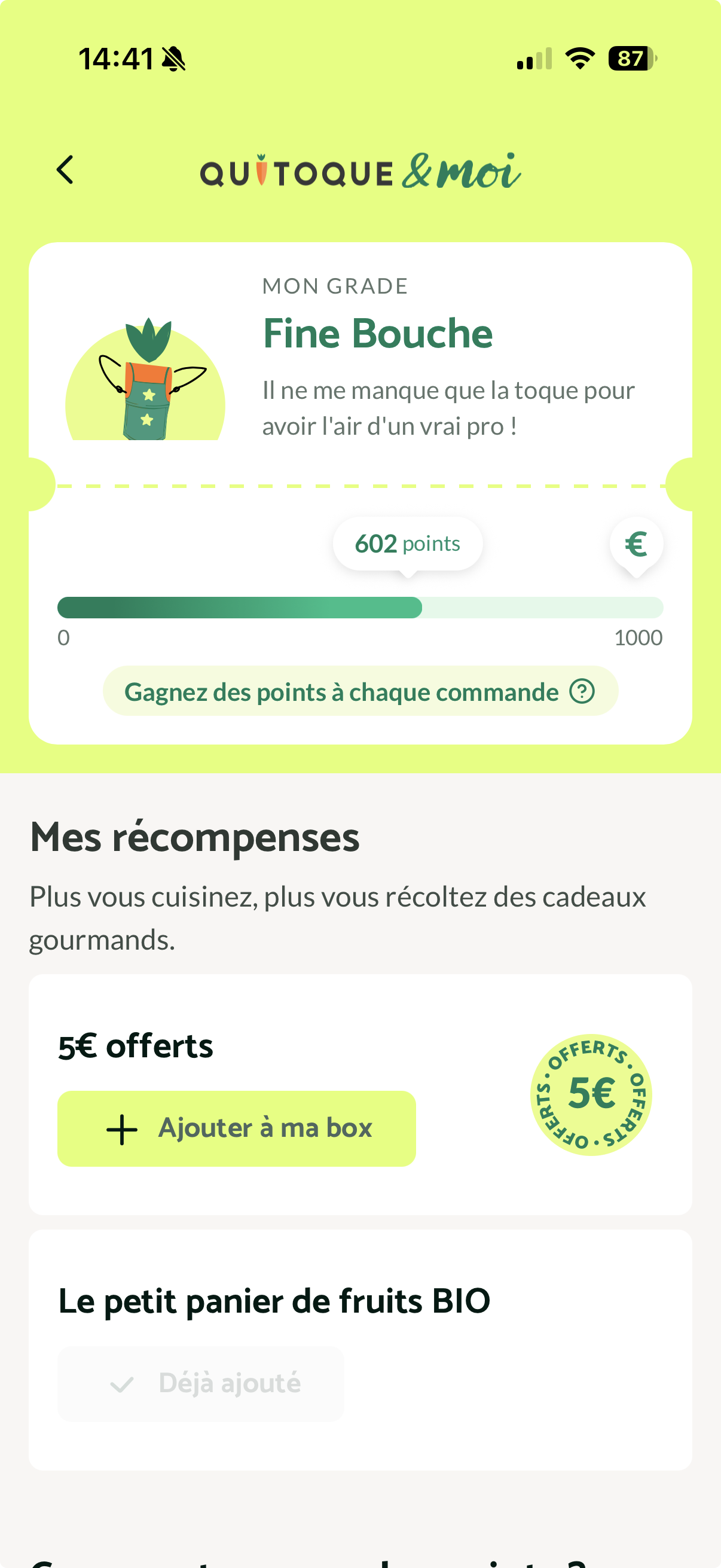Aperçu de l'espace fidélité dans l'application Quitoque & moi