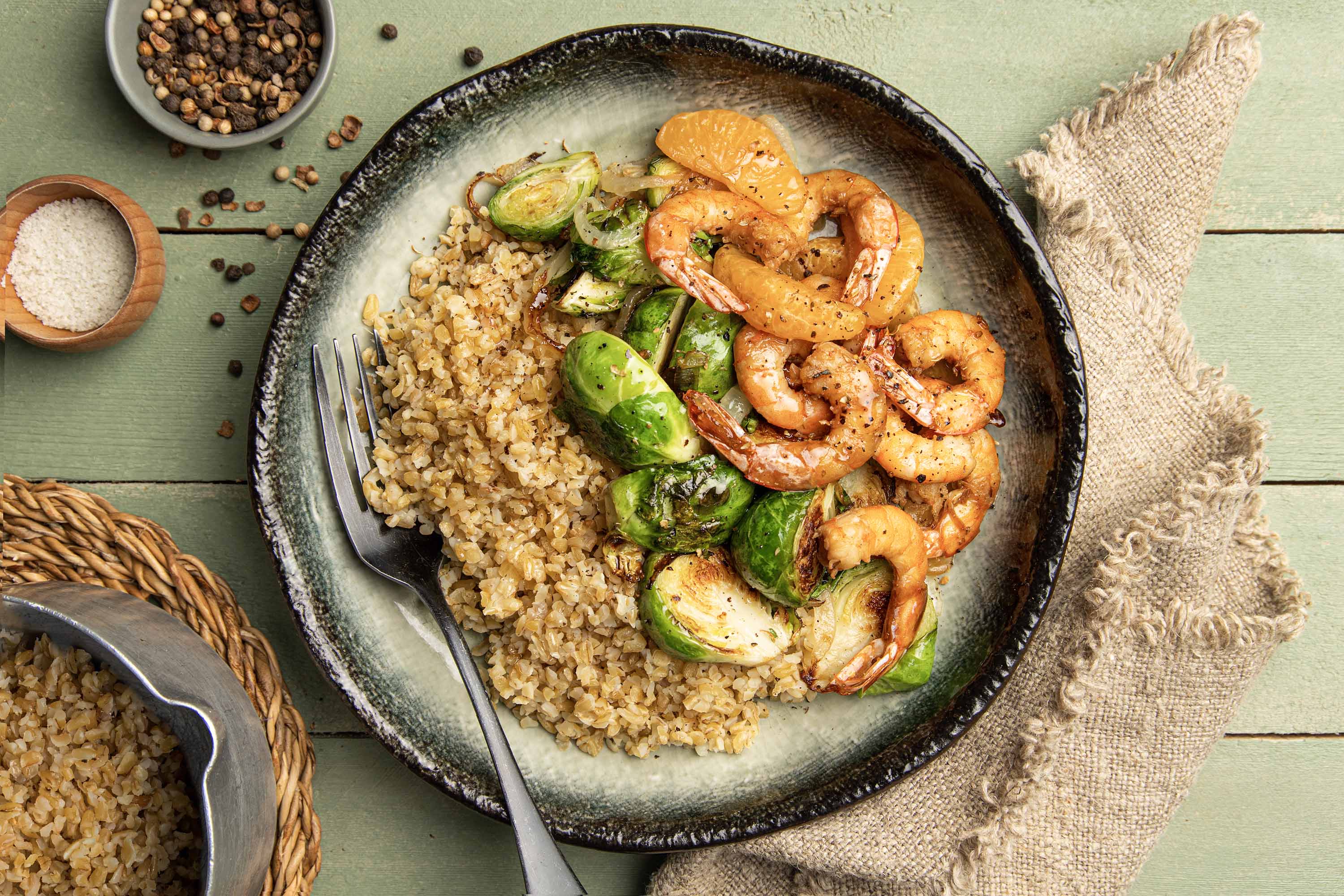 Poêlée de crevettes à l'anis, clémentine et sauce soja