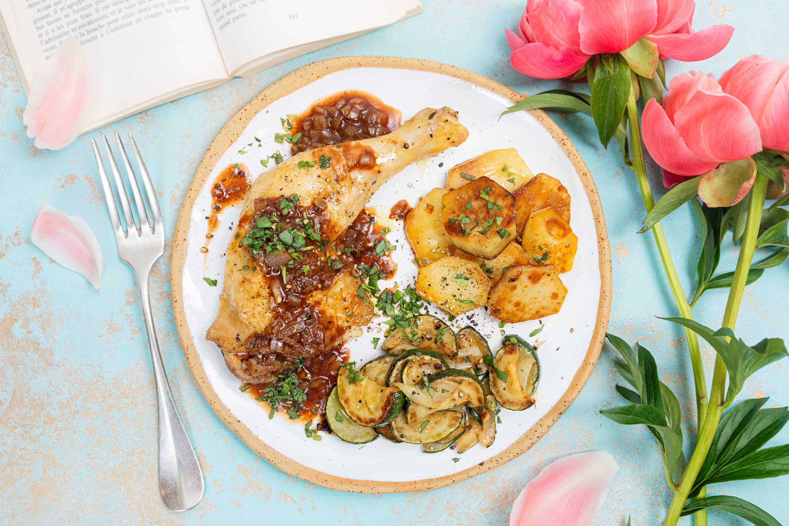 Poulet au vinaigre et courgette poelee