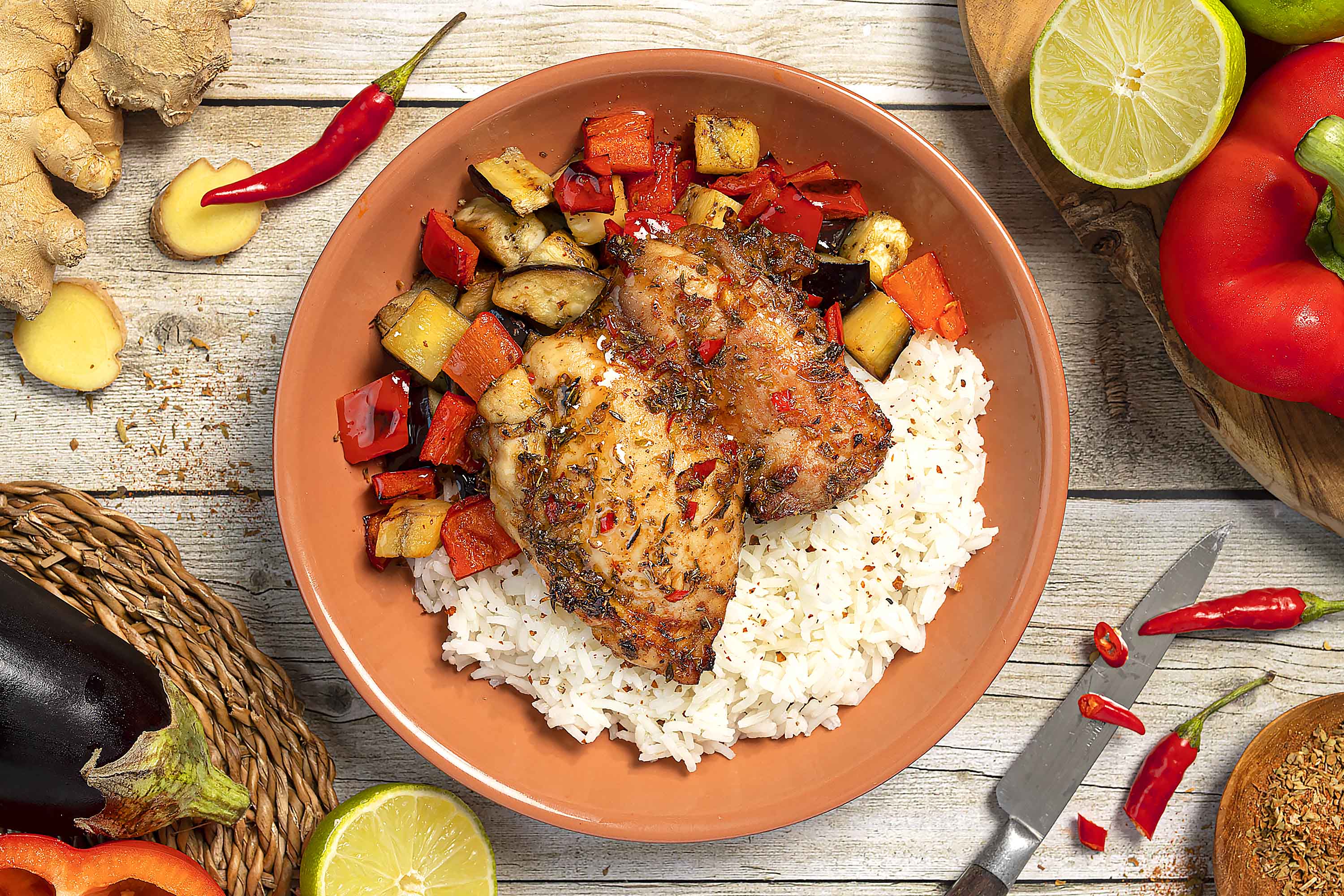 Poulet jerk et légumes rôtis